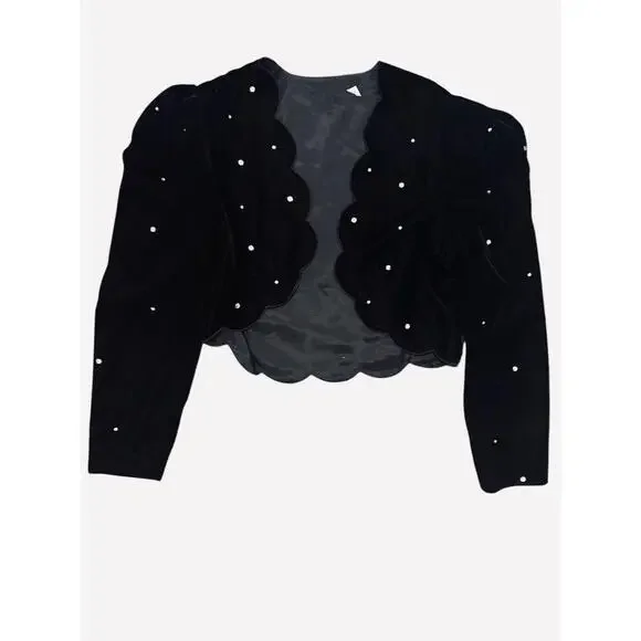 Vintage Black Velvet Mini Cami Dress & Jacket Scalloped Trim Rhinestones Size 12 - Picture 6 of 8